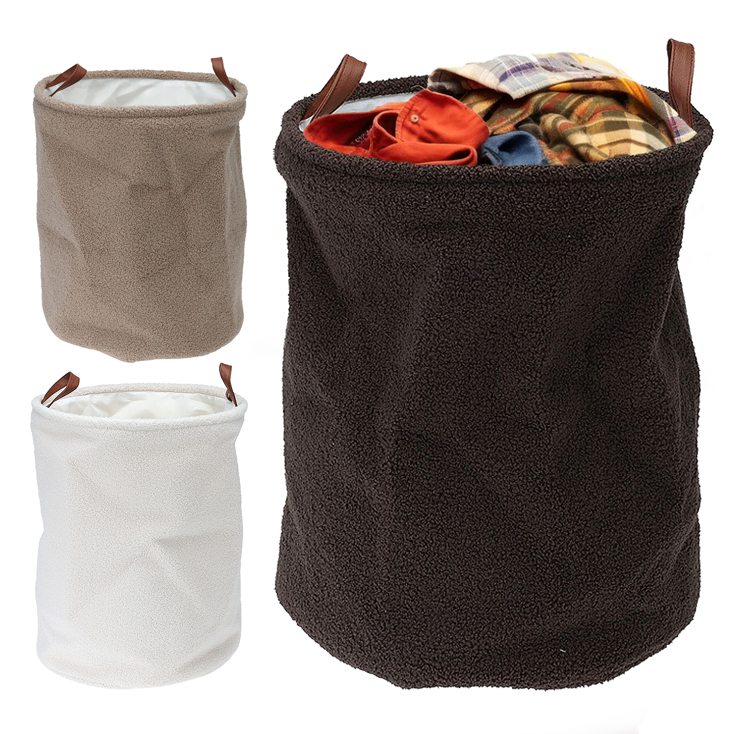 Teddy Boucle Round Laundry Storage Basket with Faux Leather Handles