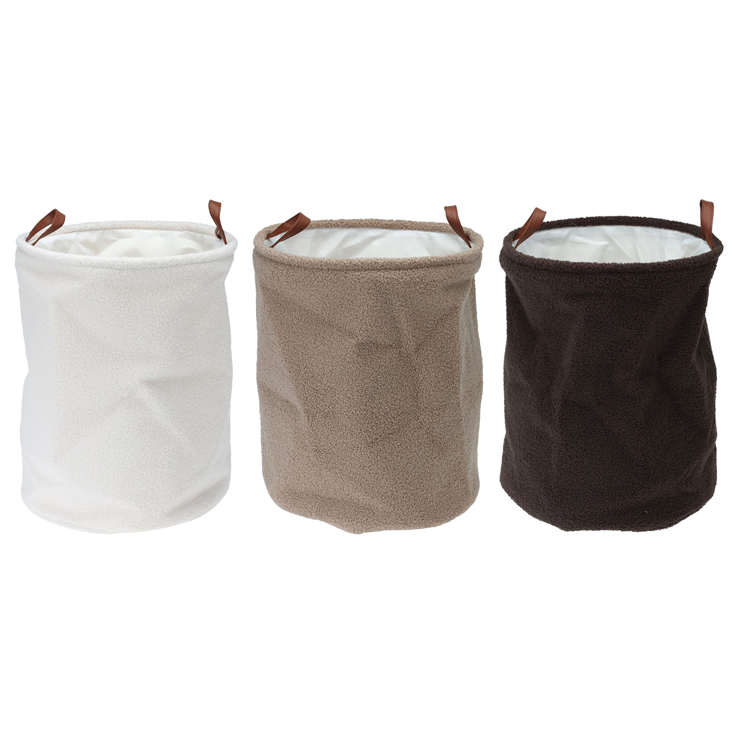 Teddy Boucle Round Laundry Storage Basket with Faux Leather Handles