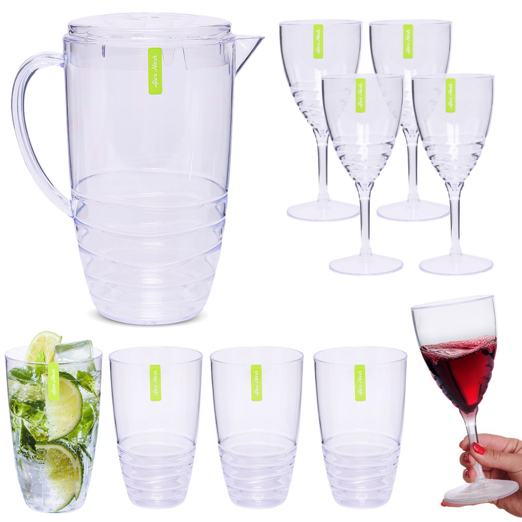 2 Litre Clear Plastic Swirl Drinks Pitcher Jug with Matching Cups