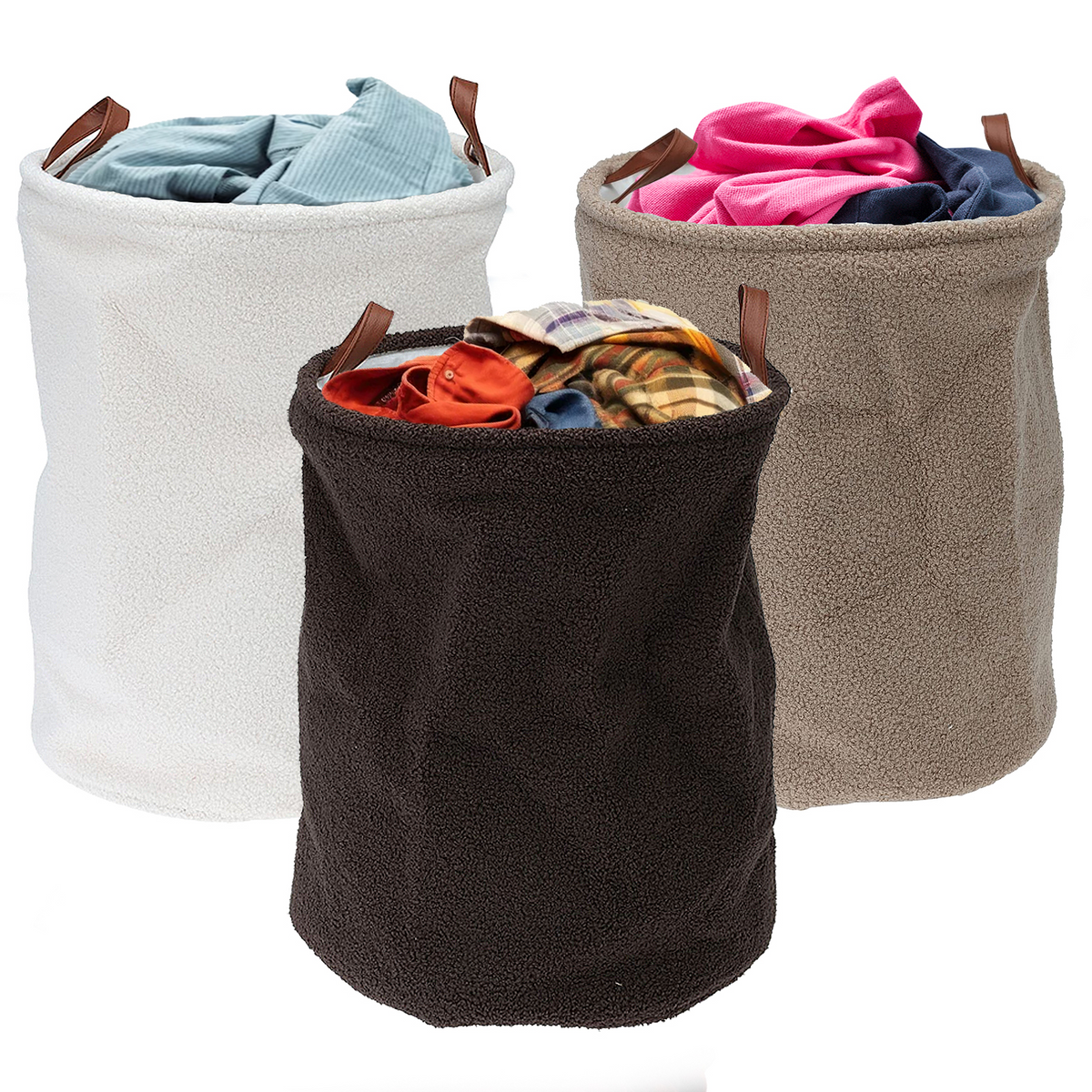 Teddy Boucle Round Laundry Storage Basket with Faux Leather Handles