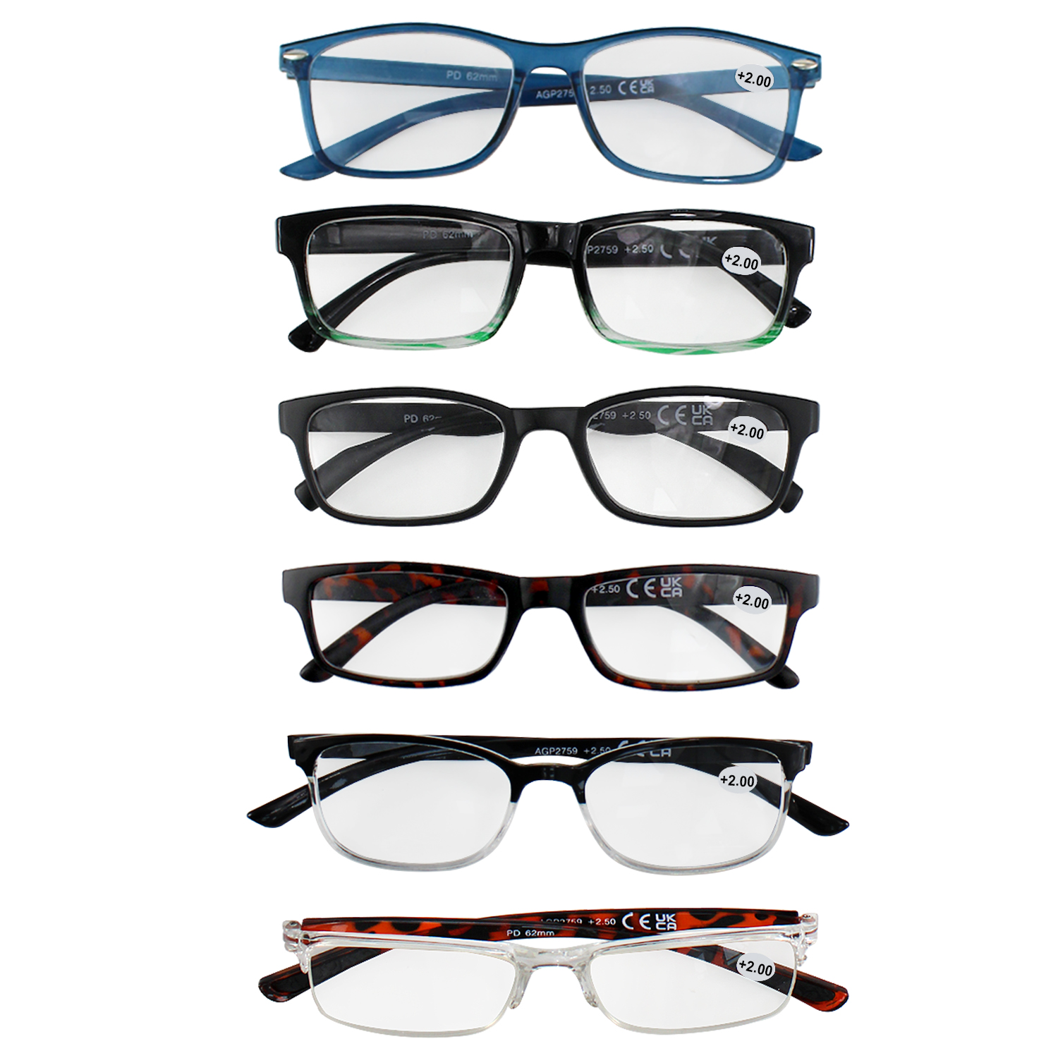 Pack of 6 Reading Glasses Unisex - +1.5 | +2.0 | +2.5 | +3.0