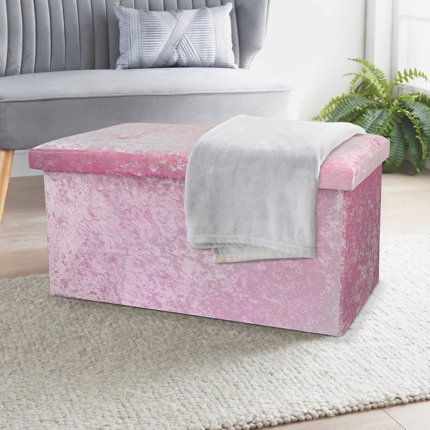 Large Pink Double Crushed Velvet Storage Ottoman