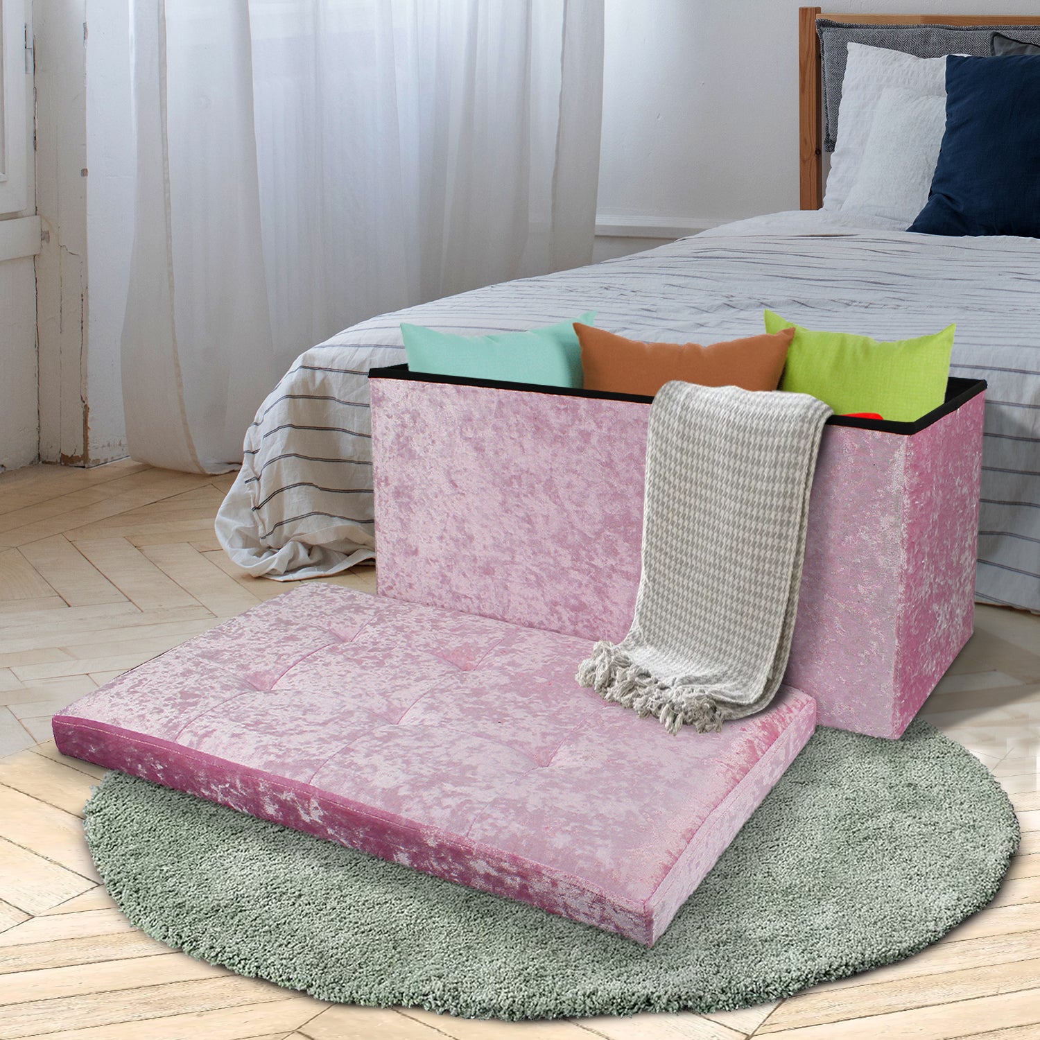 Large Pink Double Crushed Velvet Storage Ottoman