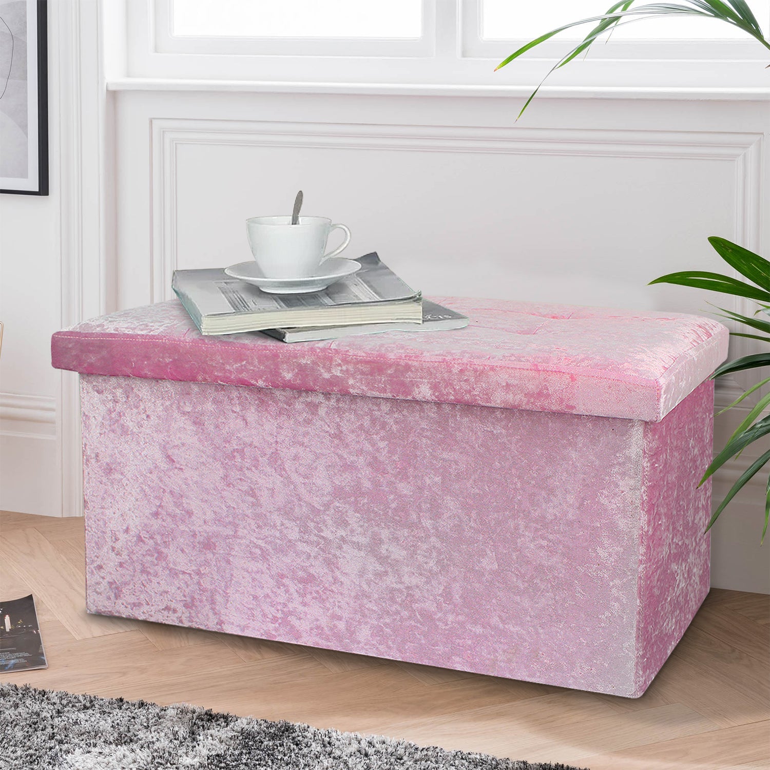 Large Pink Double Crushed Velvet Storage Ottoman