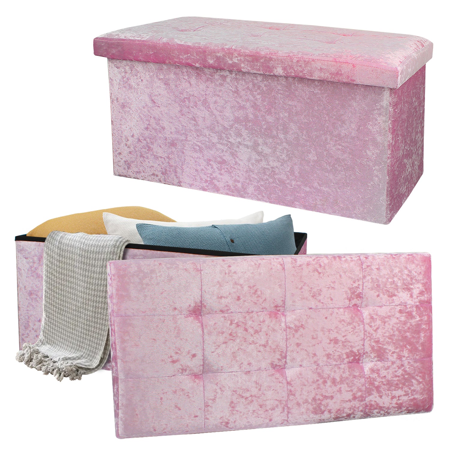 Large Pink Double Crushed Velvet Storage Ottoman