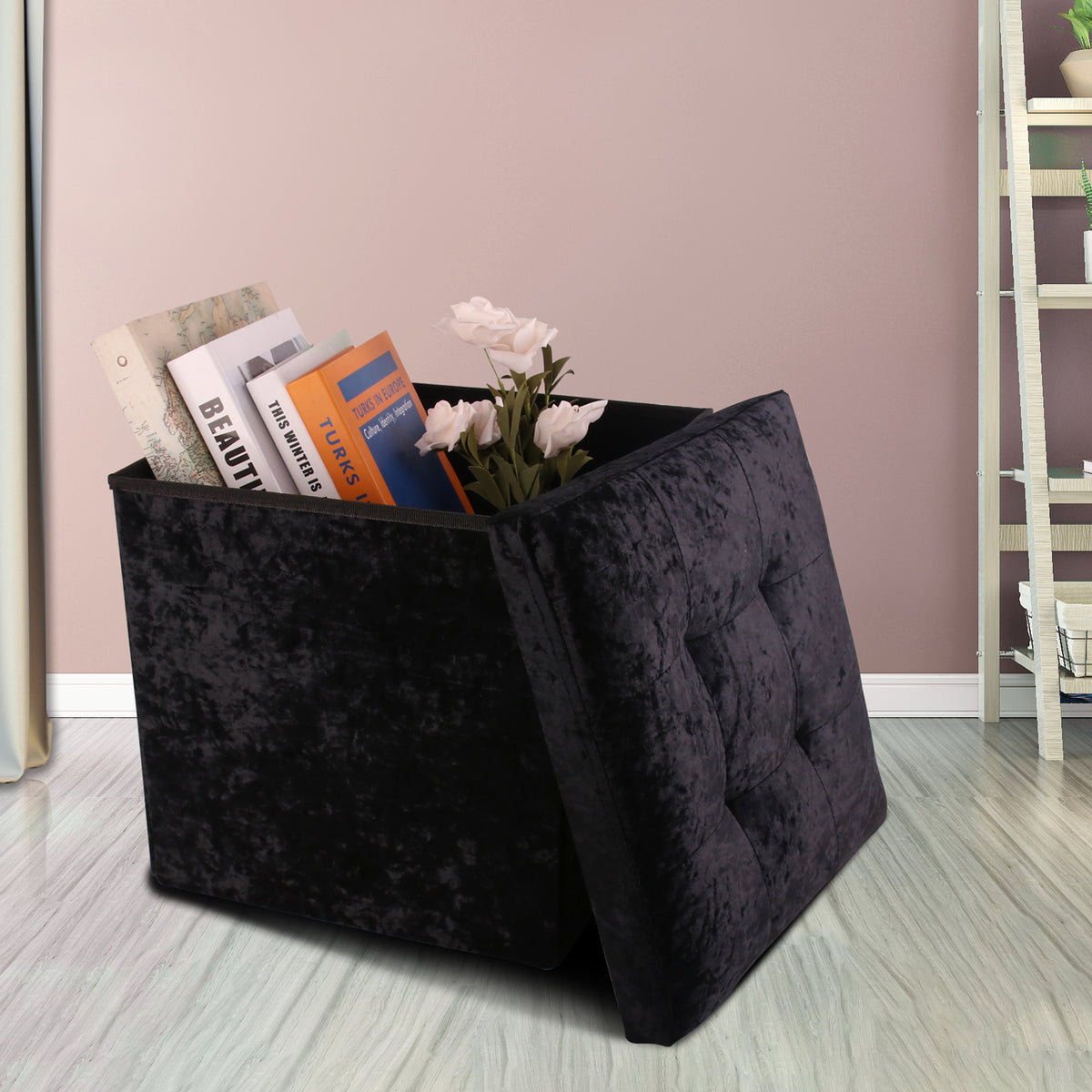 Black Crushed Velvet Storage Foot Stool Cube