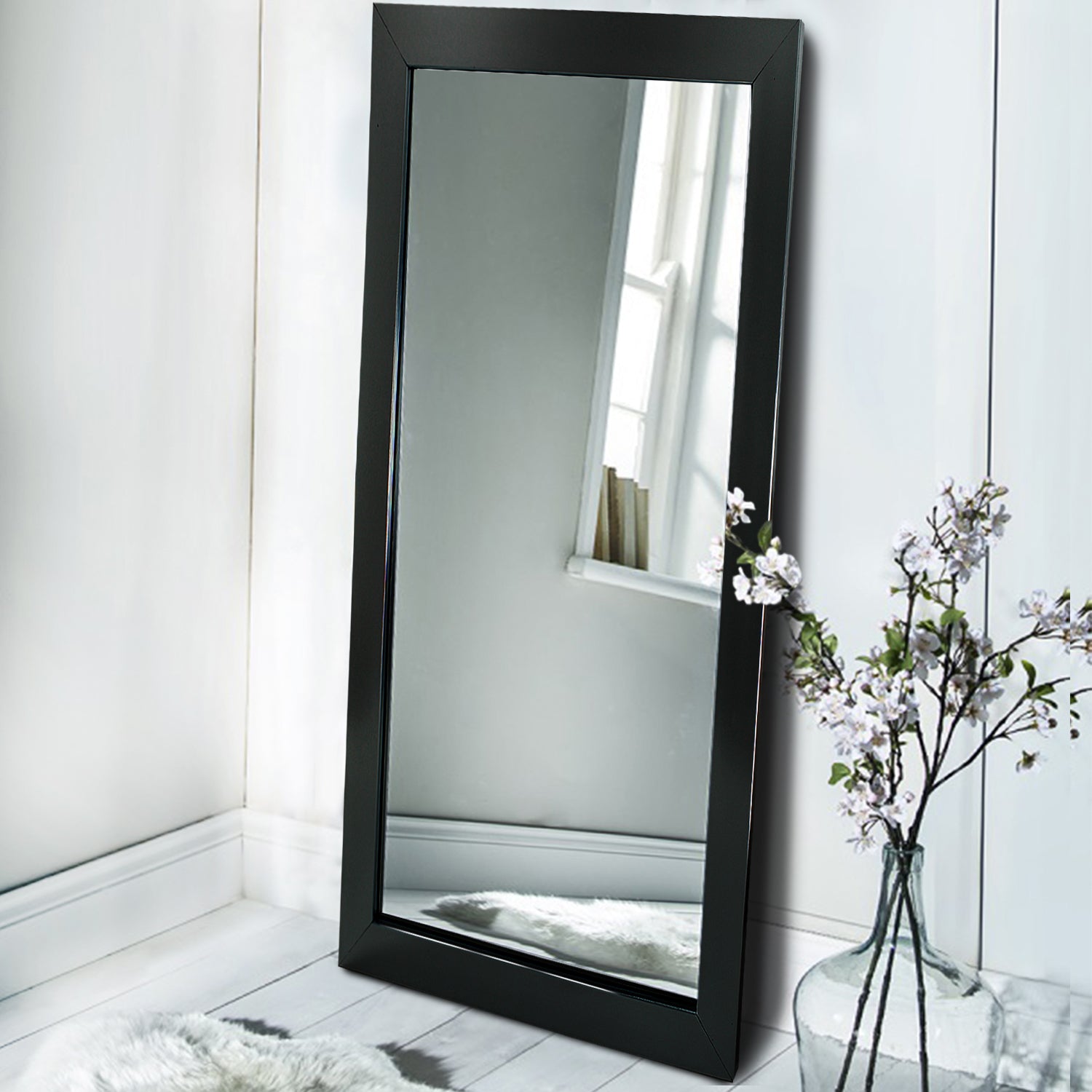 Black Full Length Wall Mounted Framed Mirror - 100cm x 40cm