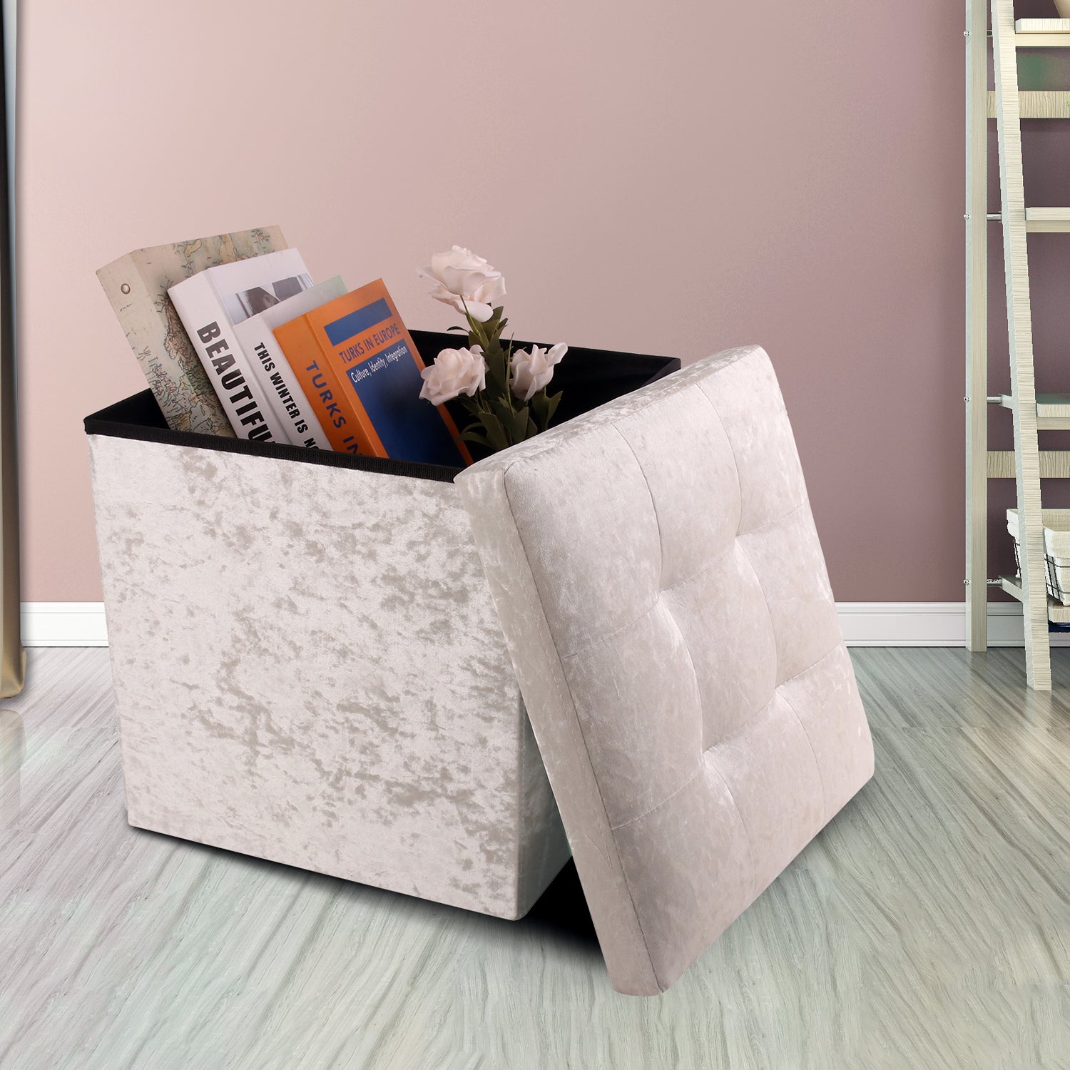 Cream Crushed Velvet Storage Foot Stool Cube