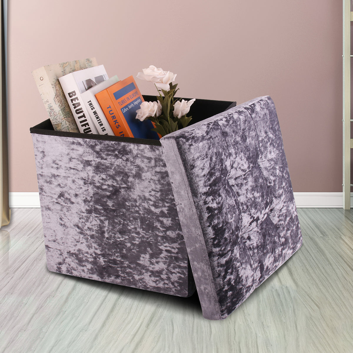 Grey Crushed Velvet Storage Foot Stool Cube