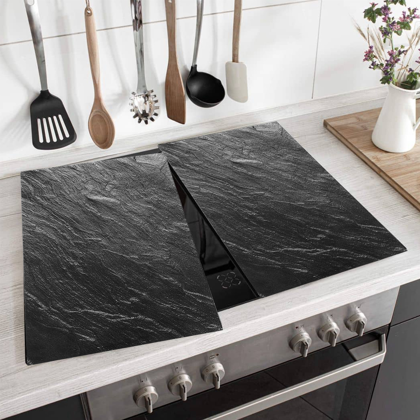 Set of 2 Glass Black Marble Effect Chopping Boards