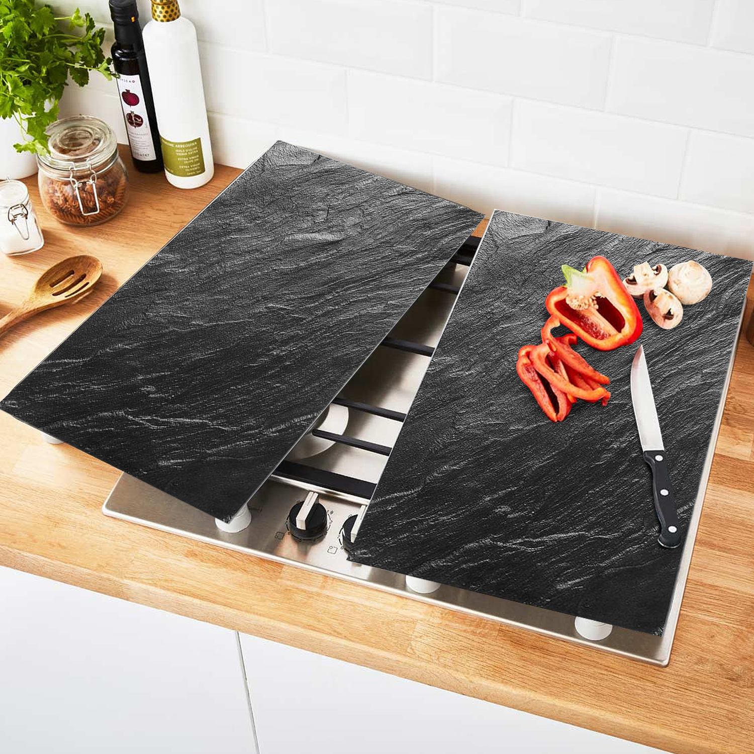 Set of 2 Glass Black Marble Effect Chopping Boards