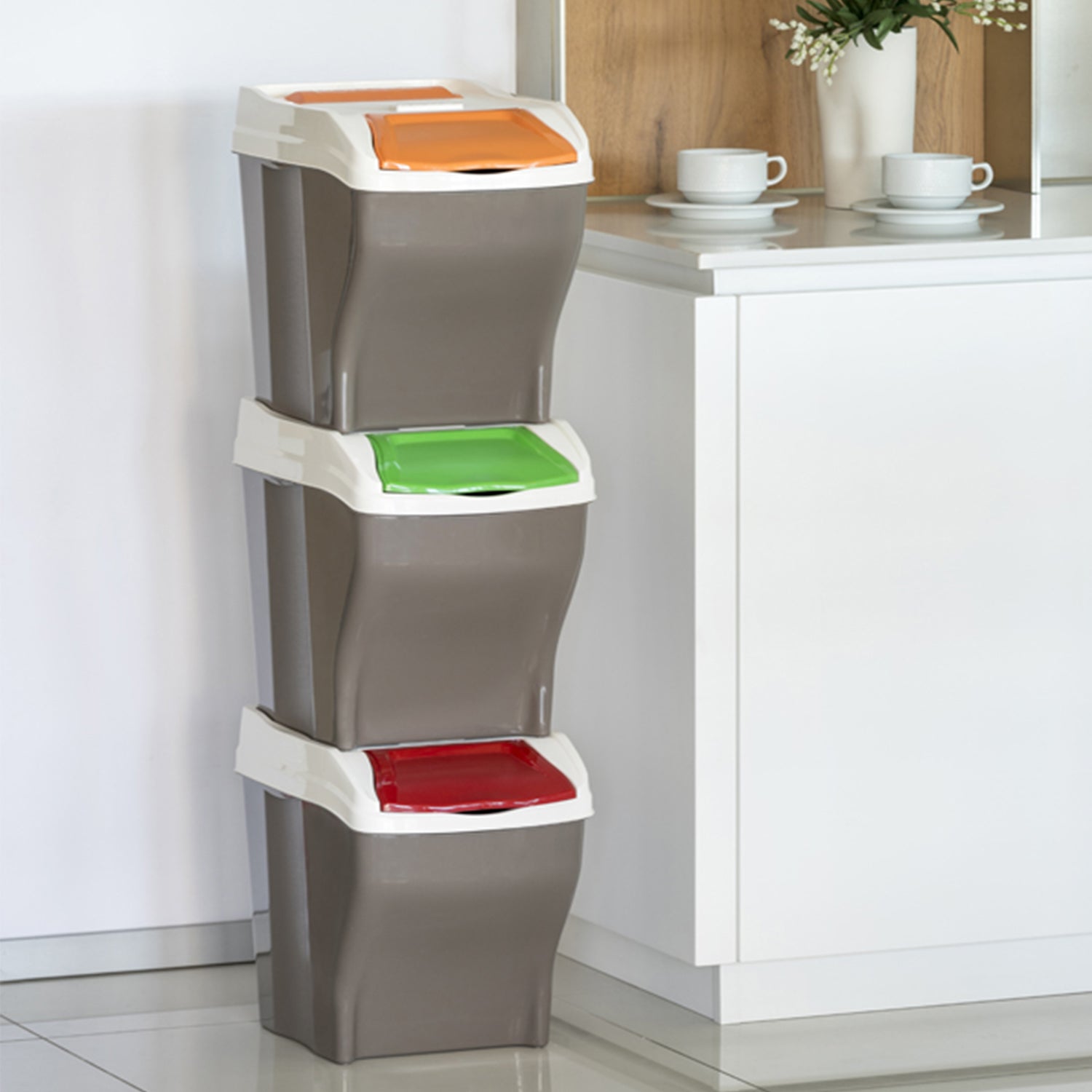 Set of 3 x 27 Litre Stackable Waste Recycling Bins + 20 Free Bin Bags