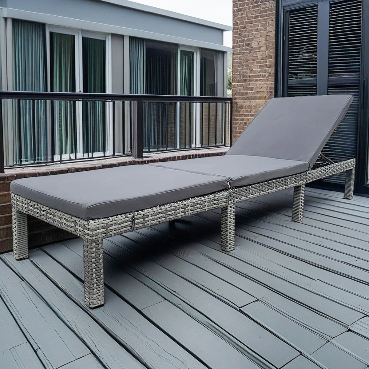 Rattan Effect Plastic Grey Sun Lounger With Cushions