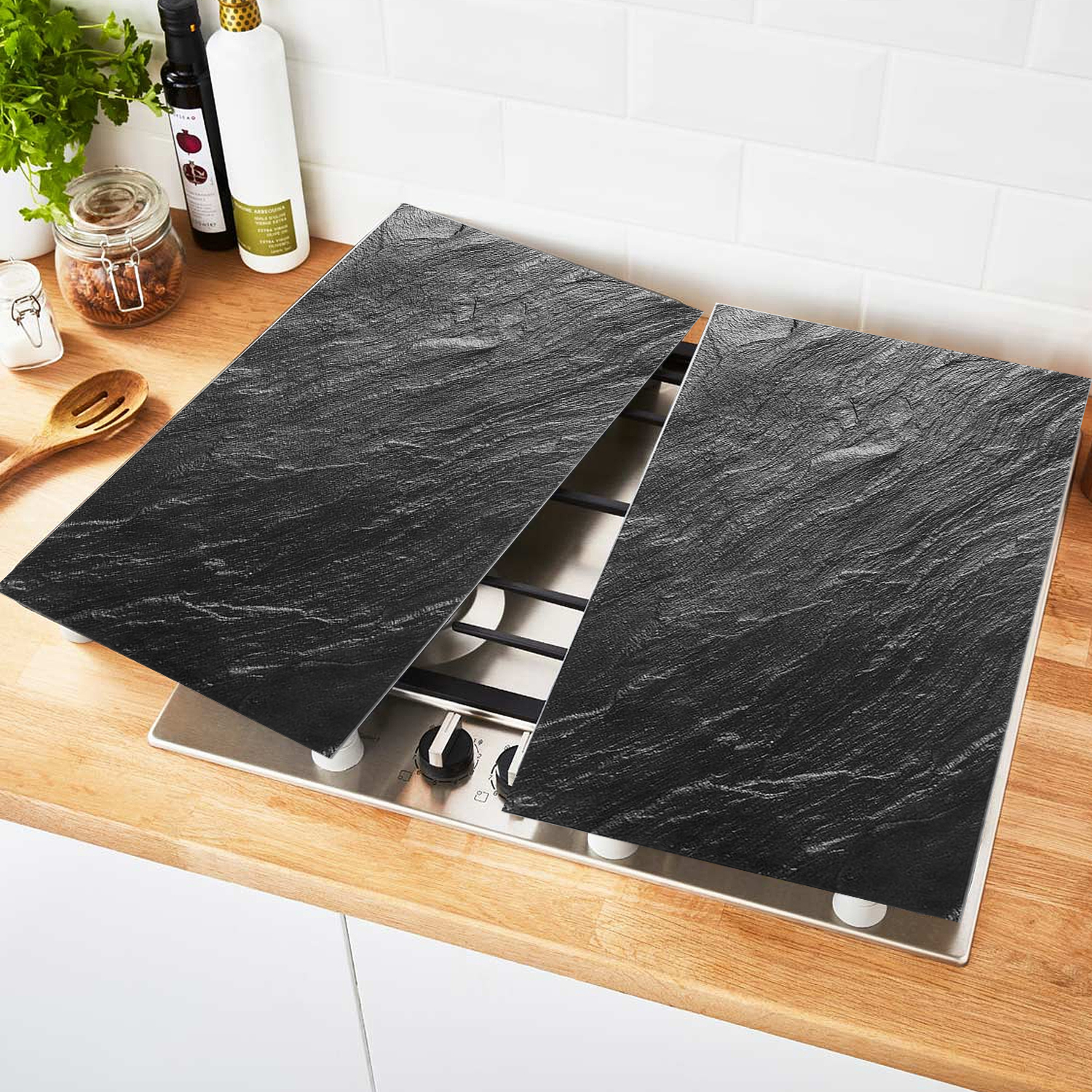 Set of 2 Glass Black Marble Effect Chopping Boards