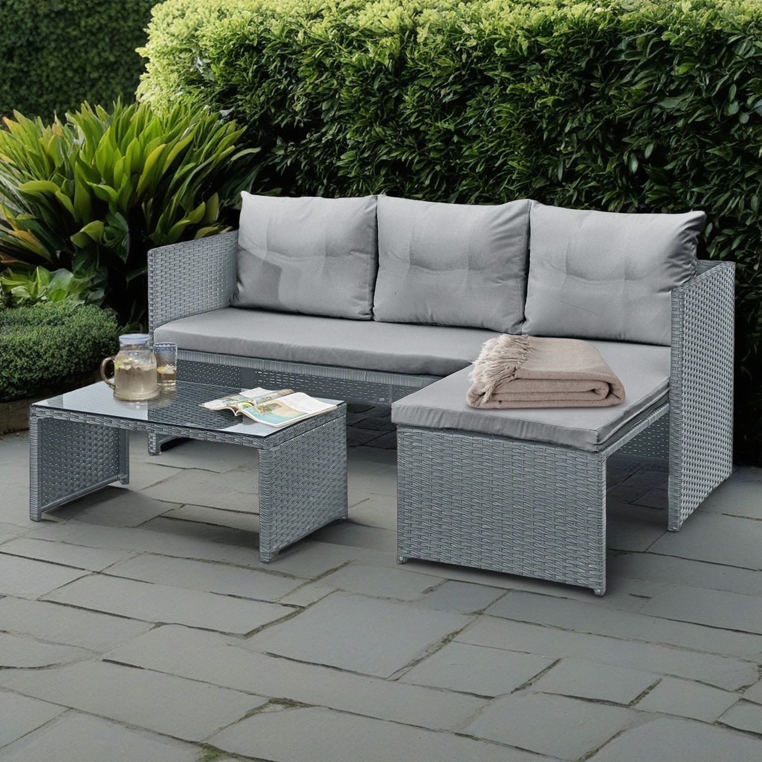 Florence Grey Outdoor Rattan Corner Sofa Set with Table