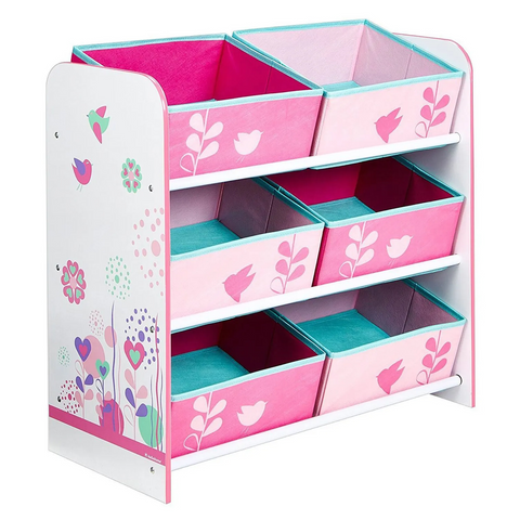 Pink Flowers and Birds 6 Drawer Wooden Kids Storage Unit