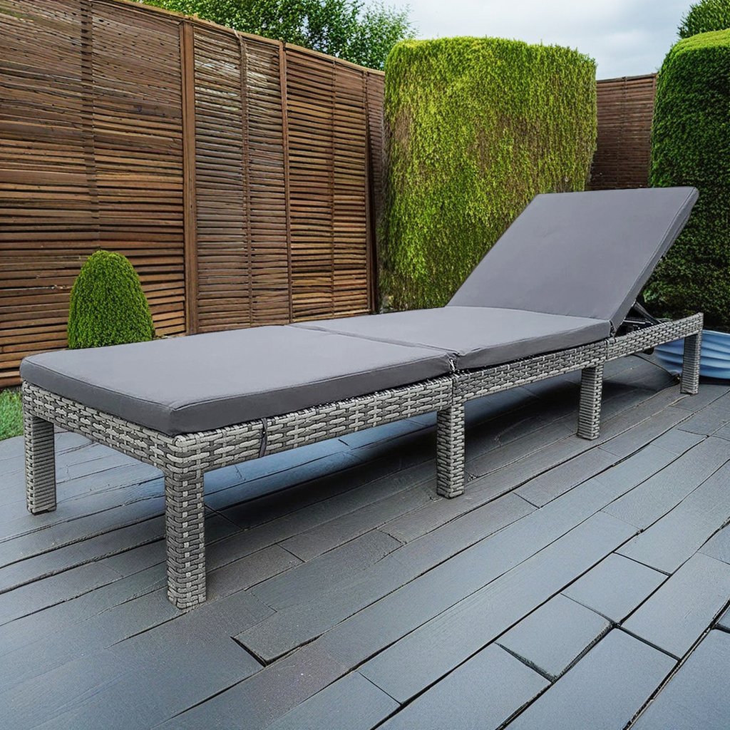 Rattan Effect Plastic Grey Sun Lounger With Cushions