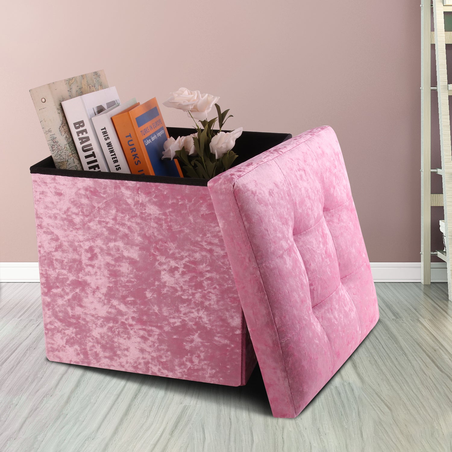 Pink Crushed Velvet Storage Foot Stool Cube